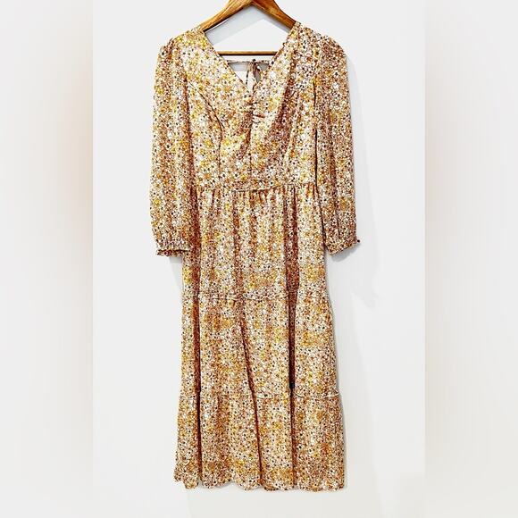 Sincerely Jules Floral Print Ruffled Midi Dress Yellow Gold Size Medium EUC - Picture 1 of 9